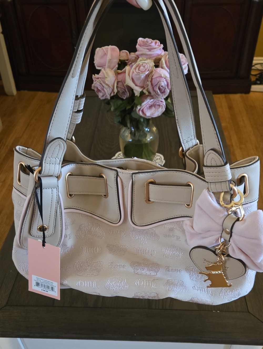 Juicy Couture Light Pink Embossed Bow Charm Shoulder Bag, NWT.